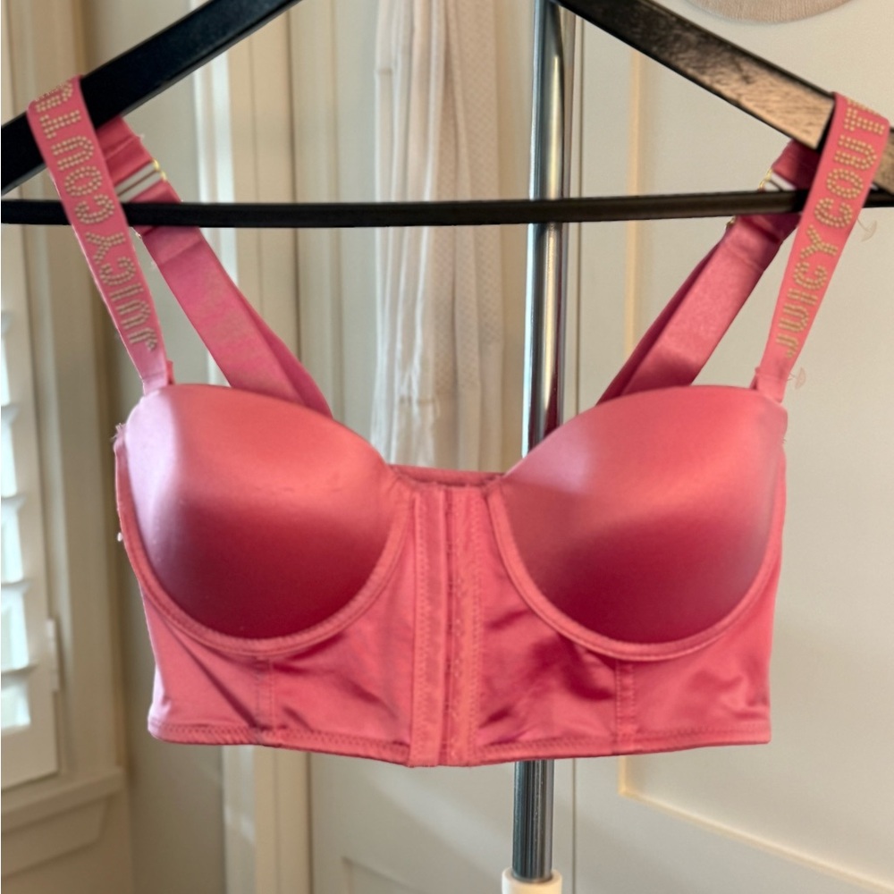 💕Juicy Couture Pink Satin Corset Underwire Push Up Bra Size 34B